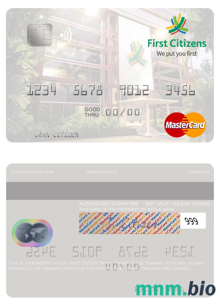 Trinidad and Tobago First Citizes Bank przykład karty mastercard w formacie PSD